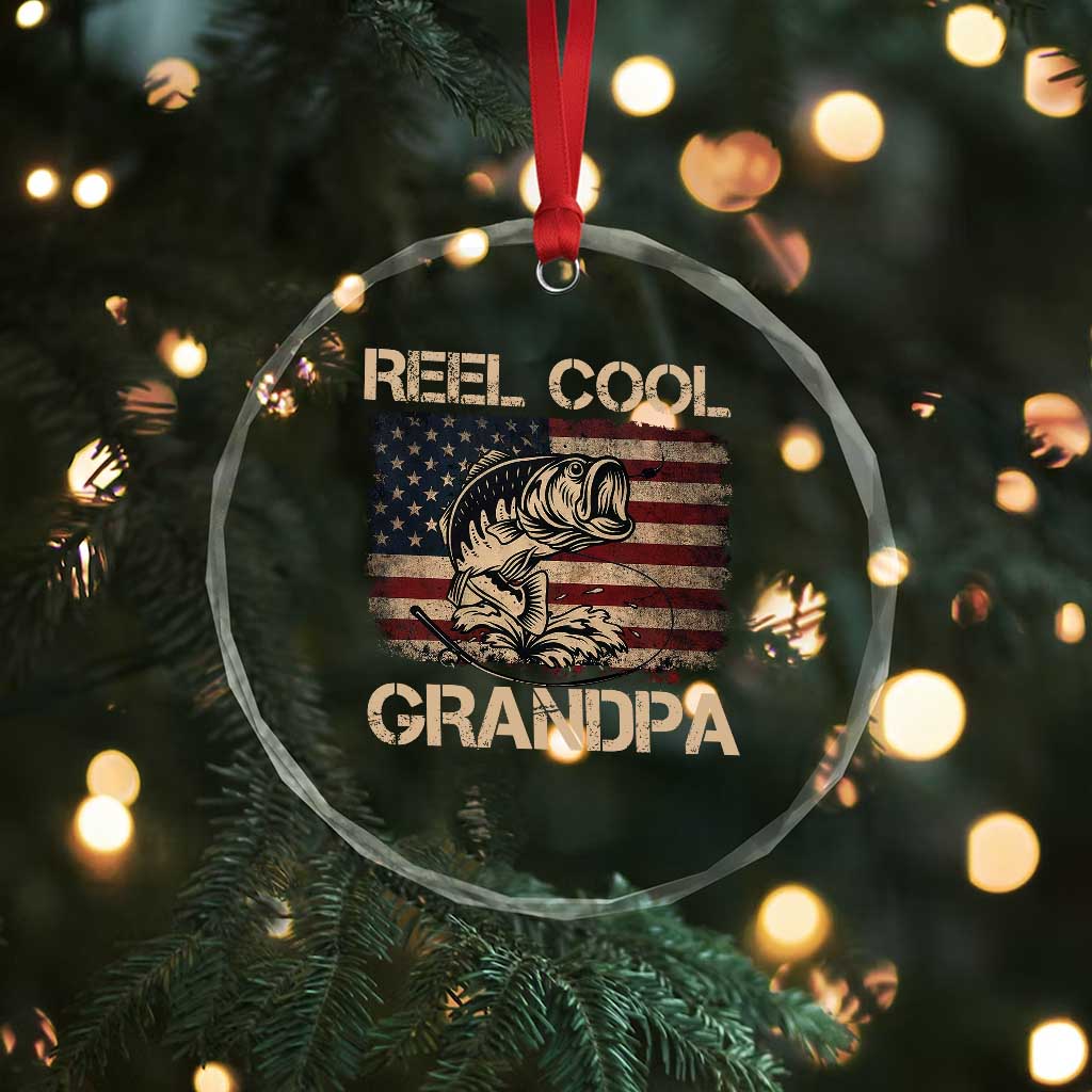 Reel Cool Grandpa Crystal Glass Ornament Funny Fishing USA Flag Patriotic Fisherman Fathers Day TS10 Print Your Wear