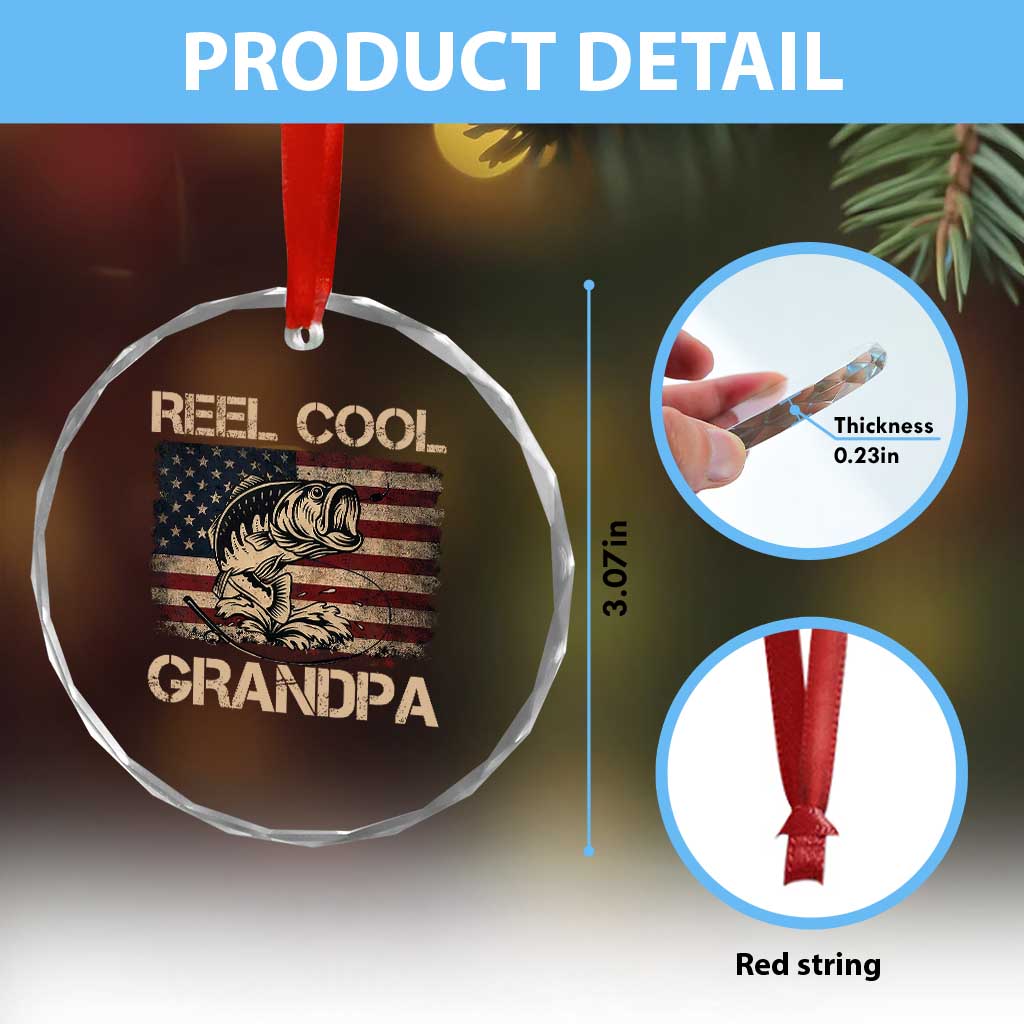 Reel Cool Grandpa Crystal Glass Ornament Funny Fishing USA Flag Patriotic Fisherman Fathers Day TS10 Print Your Wear