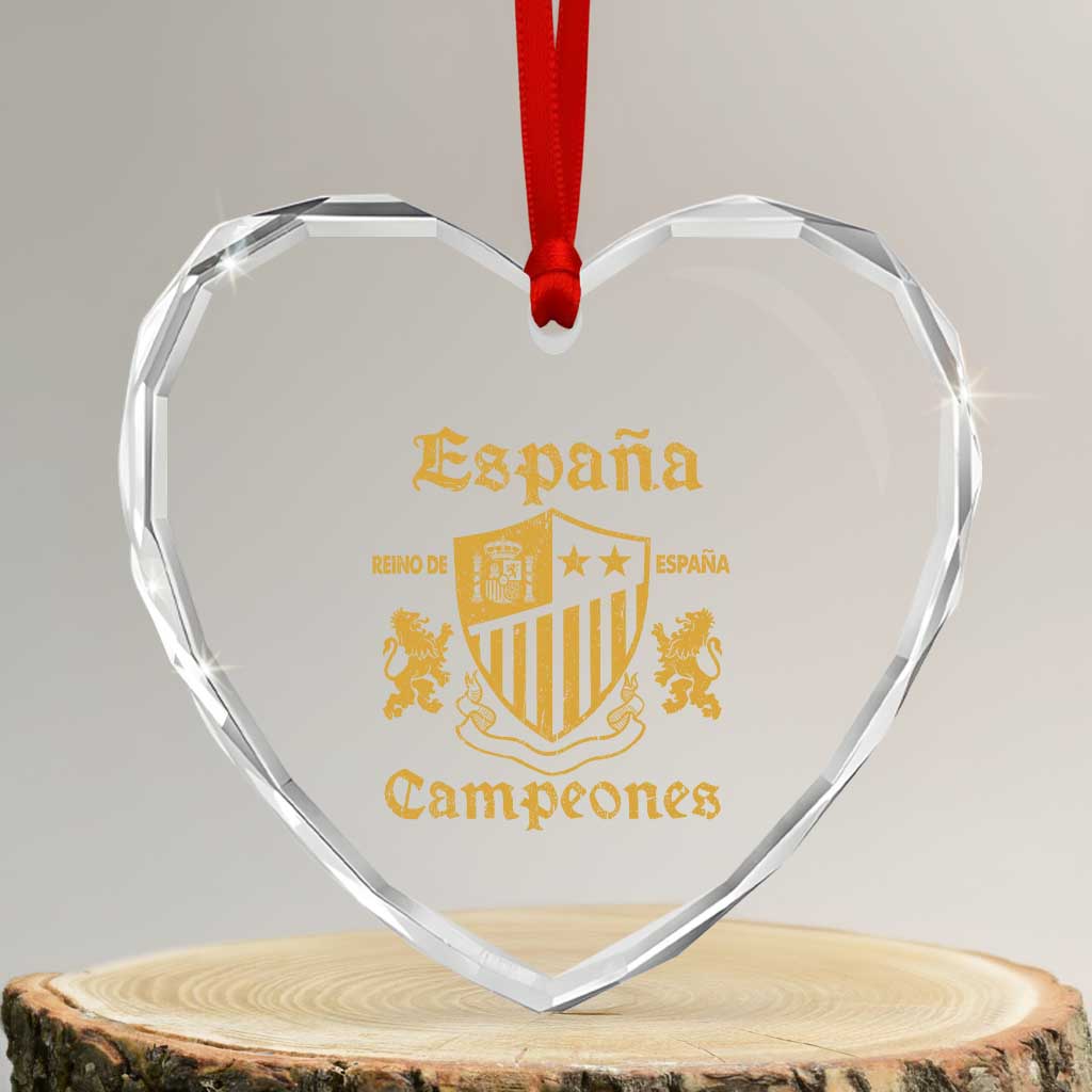 Reino De Espana Campeones Crest Graphic Heart Crystal Glass Ornament Vintage Spain Champions 2 Stars Spanish Pride Sports Fan