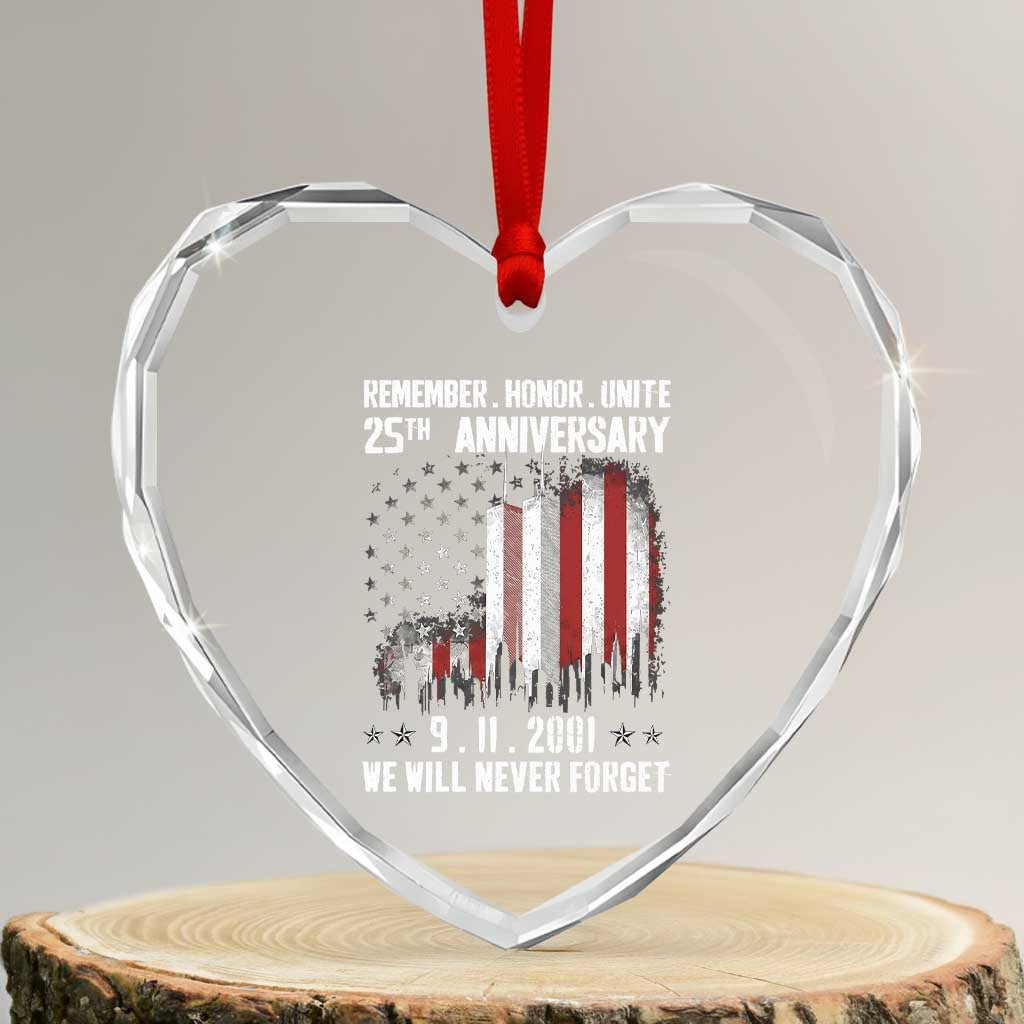 Remember Honor Unite 9 11 Memorial 25th Anniversary Heart Crystal Glass Ornament We Will Never Forget Patriotic American Flag