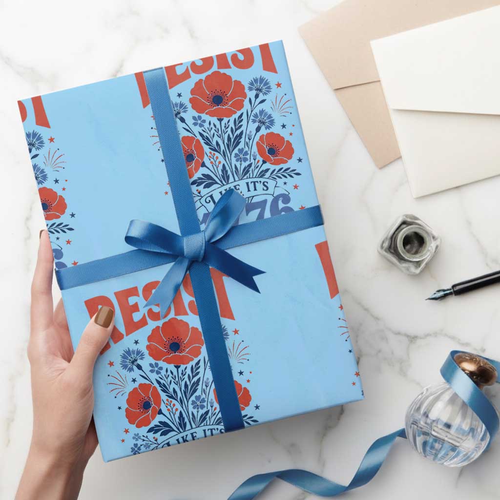 Resist Like Its 1776 Folk Art Floral Botanical Graphic Wrapping Paper Roll Patriotic Statement Political Satire