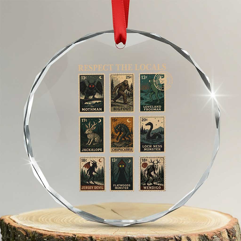 Respect The Locals Cryptids Monster Stamps Crystal Glass Ornament Cryptozoology Paranormal Bigfoot Mothman TS11 Transparent Glass 3'' Circle Print Your Wear