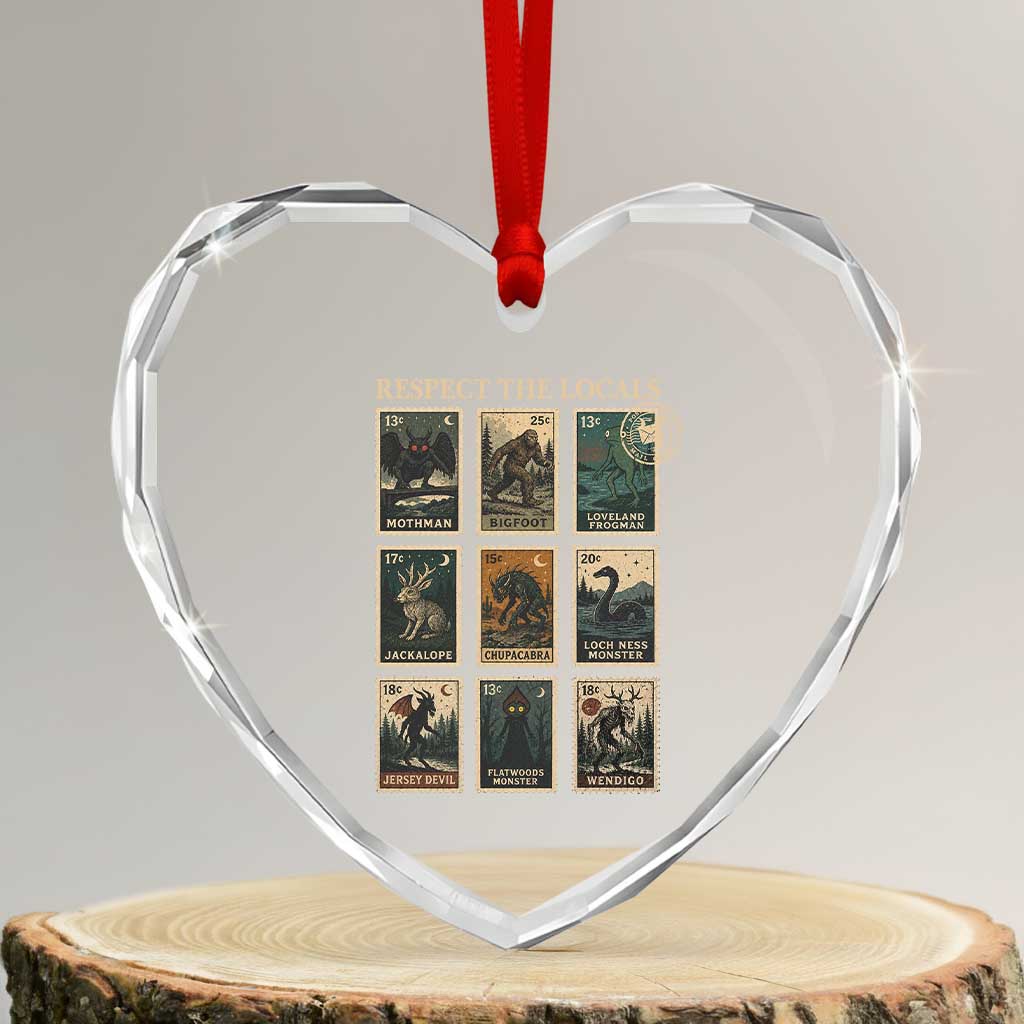 Respect The Locals Cryptids Monster Stamps Heart Crystal Glass Ornament Cryptozoology Paranormal Bigfoot Mothman TS11 Transparent Glass 3'' Heart Print Your Wear