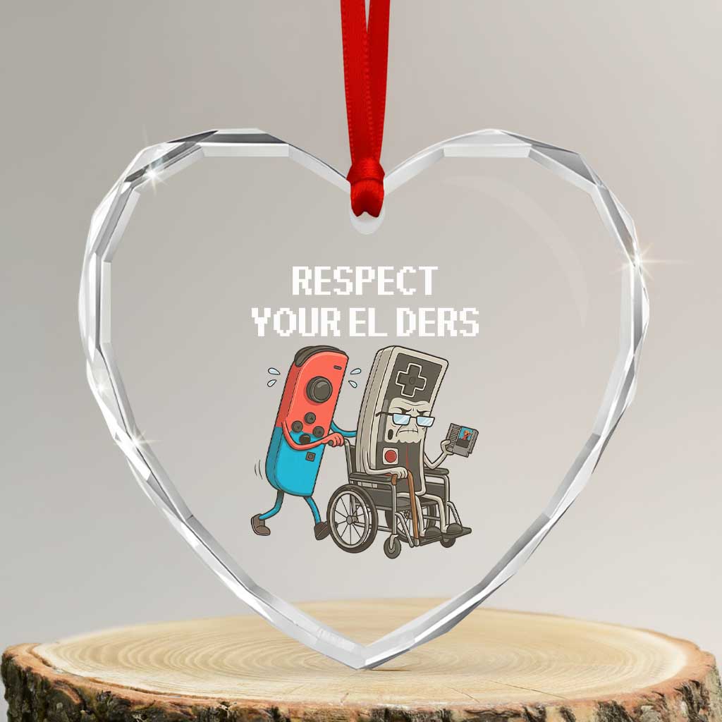 Respect Your Elders Retro Gaming Meme Heart Crystal Glass Ornament Funny Gamer Controller 80s TS02 Transparent Glass 3'' Heart Print Your Wear