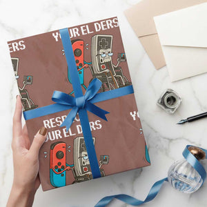Respect Your Elders Retro Gaming Meme Wrapping Paper Roll Funny Gamer Controller 80s TS02 Mocha Print Your Wear