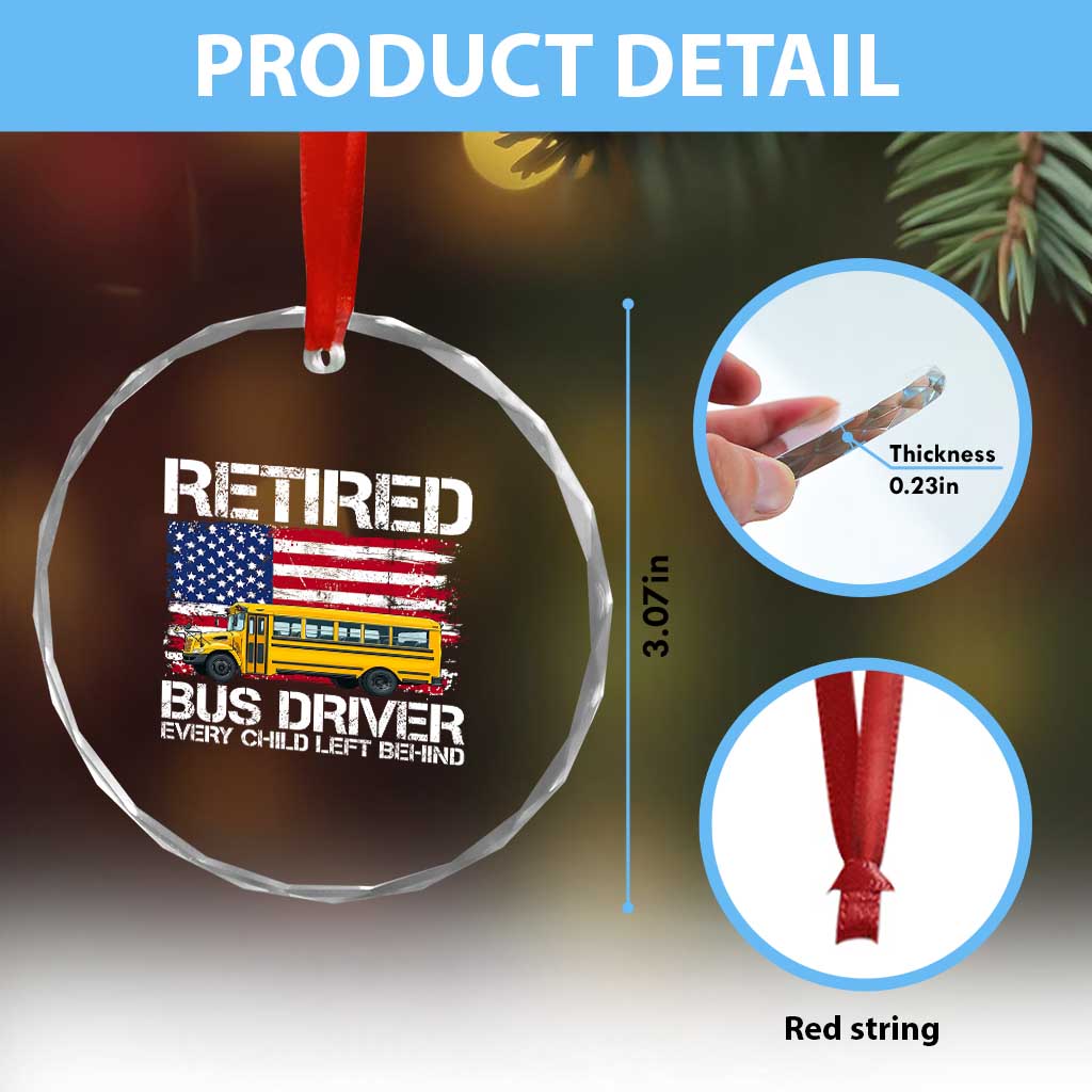 Retired School Bus Driver Crystal Glass Ornament Patriotic USA American Flag