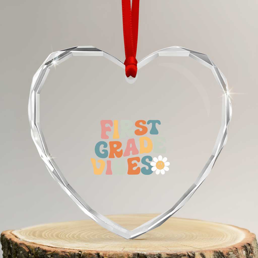 Retro 1st Day of School Heart Crystal Glass Ornament First Grade Vibes 1st Grade Team TS01 Transparent Glass 3'' Heart Print Your Wear
