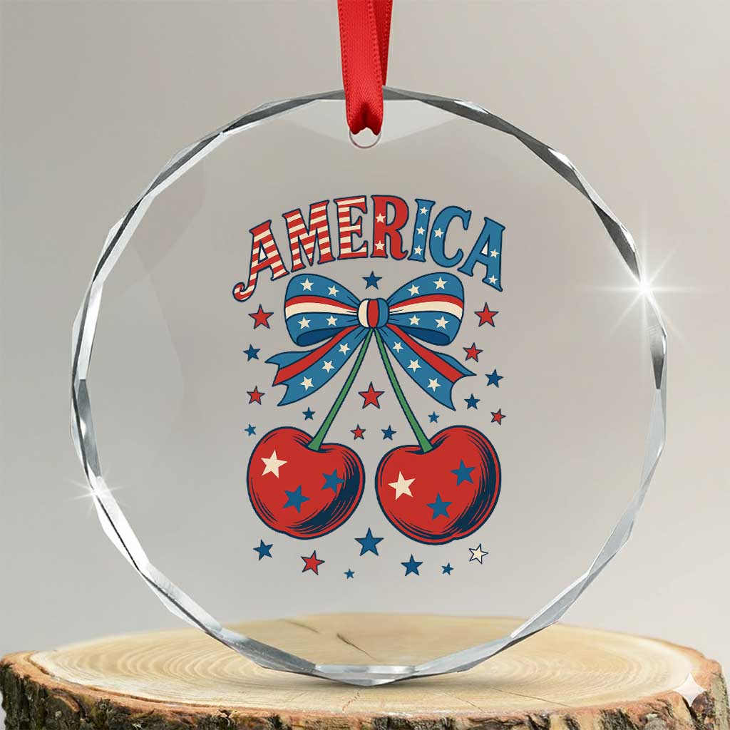 Retro Americana Cherries and Stars Coquette Bow Crystal Glass Ornament America Cute Patriotic 4th Of July US TS02 Transparent Glass 3'' Circle Print Your Wear
