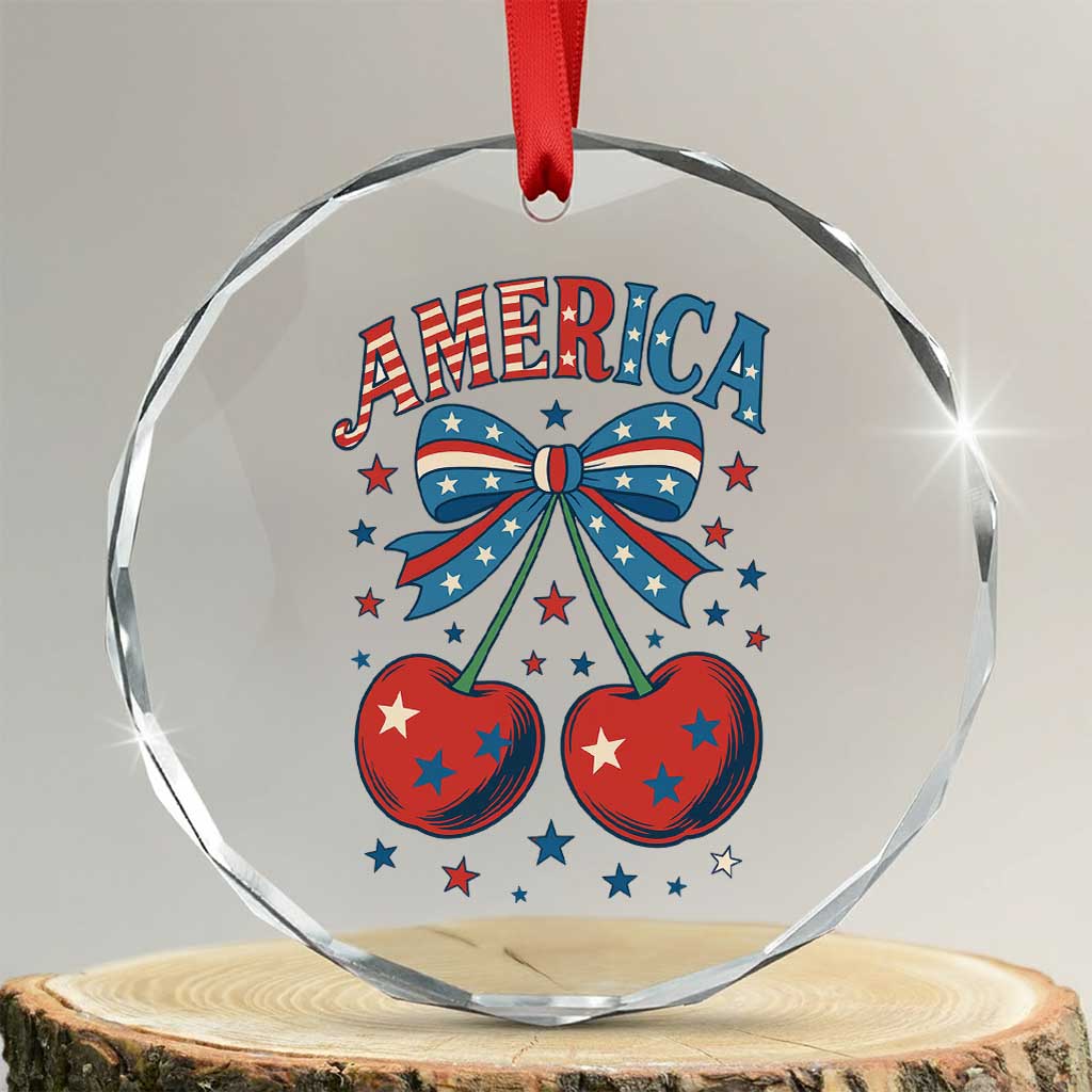 Retro Americana Cherries and Stars Coquette Bow Crystal Glass Ornament America Cute Patriotic 4th Of July US TS02 Transparent Glass 3'' Circle Print Your Wear