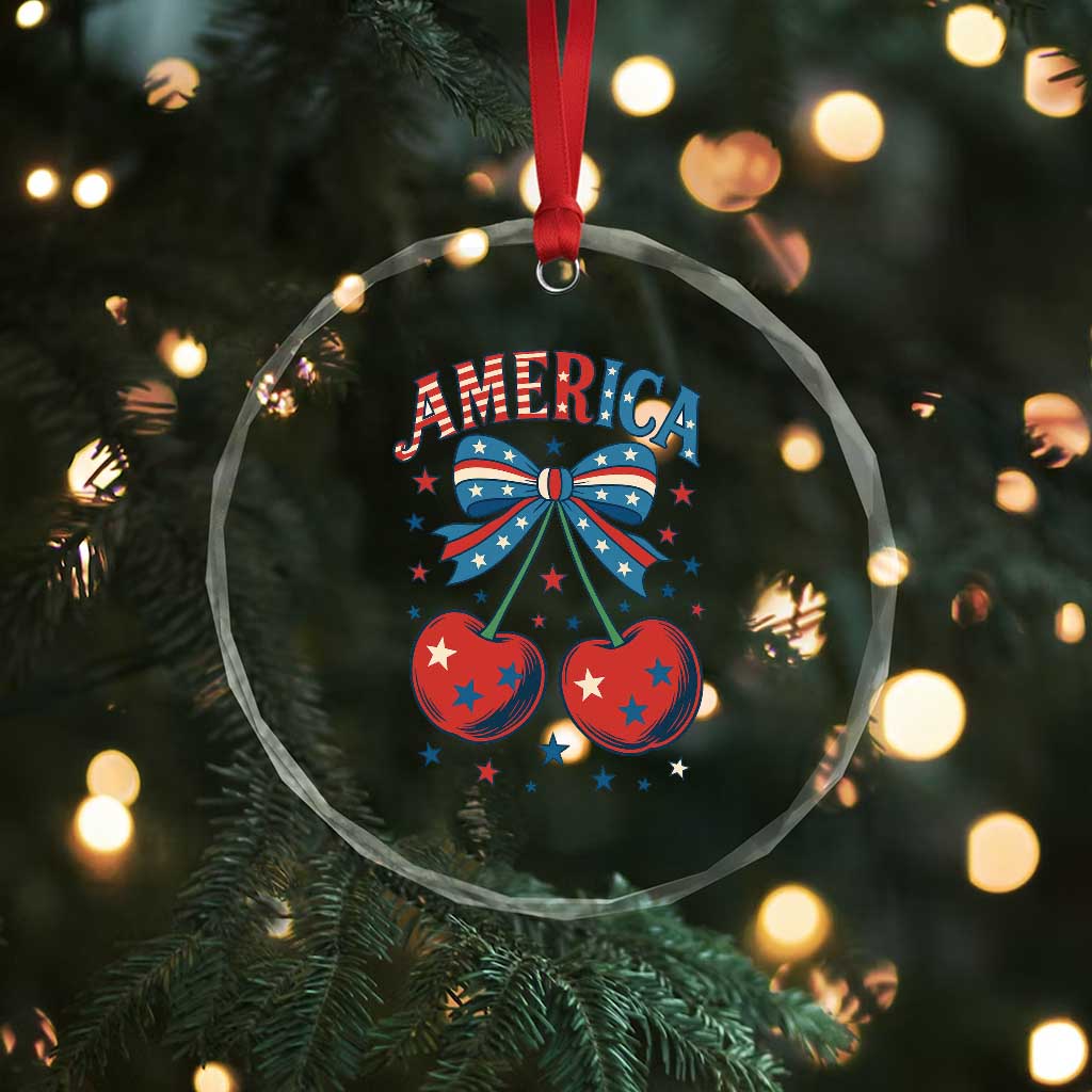 Retro Americana Cherries and Stars Coquette Bow Crystal Glass Ornament America Cute Patriotic 4th Of July US TS02 Print Your Wear