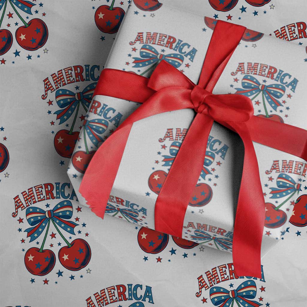 Retro Americana Cherries and Stars Coquette Bow Wrapping Paper Roll America Cute Patriotic 4th Of July US TS02 White Print Your Wear