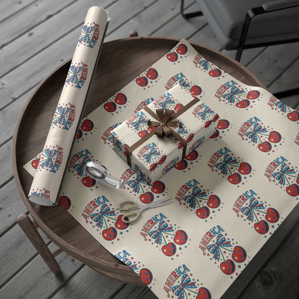Retro Americana Cherries and Stars Coquette Bow Wrapping Paper Roll America Cute Patriotic 4th Of July US TS02 Beige Print Your Wear