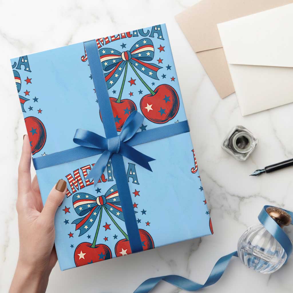 Retro Americana Cherries and Stars Coquette Bow Wrapping Paper Roll America Cute Patriotic 4th Of July US TS02 Light Blue Print Your Wear