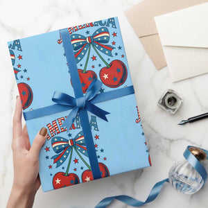 Retro Americana Cherries and Stars Coquette Bow Wrapping Paper Roll America Cute Patriotic 4th Of July US TS02 Light Blue Print Your Wear
