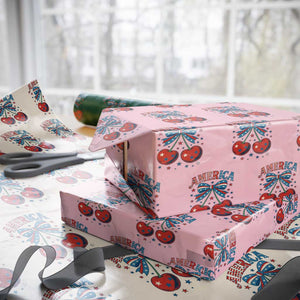 Retro Americana Cherries and Stars Coquette Bow Wrapping Paper Roll America Cute Patriotic 4th Of July US TS02 Light Pink Print Your Wear