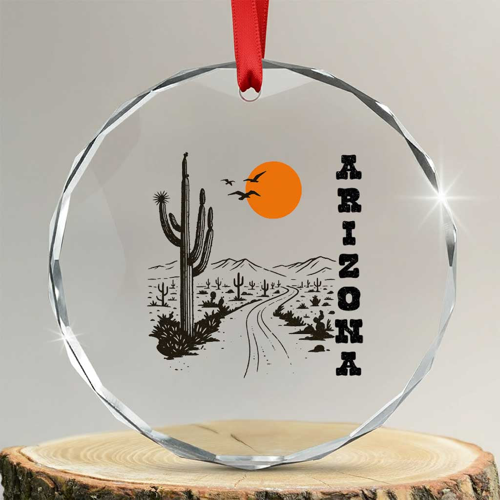 Retro Arizona Desert Road Sunset Graphic Crystal Glass Ornament Vintage Southwest Saguaro Cactus Travel Souvenir TS02 Transparent Glass 3'' Circle Print Your Wear