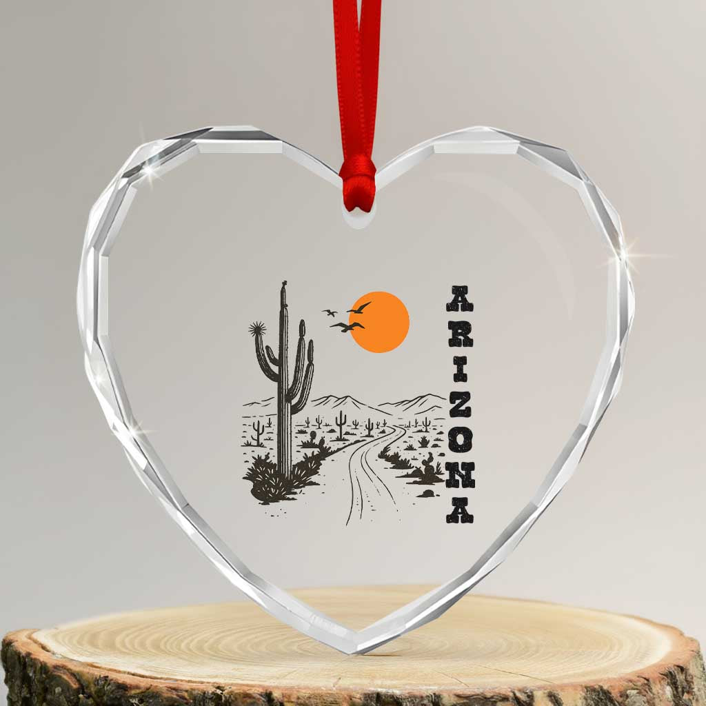 Retro Arizona Desert Road Sunset Graphic Heart Crystal Glass Ornament Vintage Southwest Saguaro Cactus Travel Souvenir TS02 Transparent Glass 3'' Heart Print Your Wear
