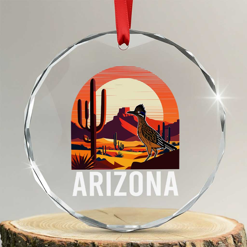 Retro Arizona Roadrunner Desert Sunset Graphic Crystal Glass Ornament Southwest Saguaro Cactus Wildlife Travel Souvenir TS02 Transparent Glass 3'' Circle Print Your Wear