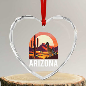 Retro Arizona Roadrunner Desert Sunset Graphic Heart Crystal Glass Ornament Southwest Saguaro Cactus Wildlife Travel Souvenir