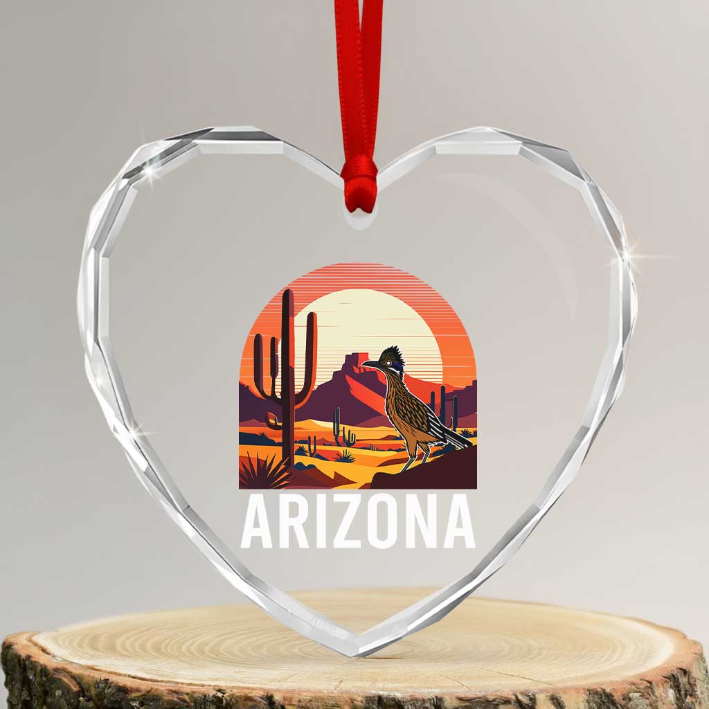Retro Arizona Roadrunner Desert Sunset Graphic Heart Crystal Glass Ornament Southwest Saguaro Cactus Wildlife Travel Souvenir TS02 Transparent Glass 3'' Heart Print Your Wear