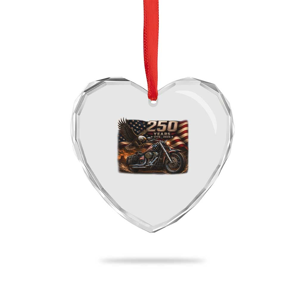Retro Biker USA 250th Anniversary Heart Crystal Glass Ornament American Flag Motorcycle Eagle Independence Day