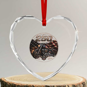 Retro Biker USA 250th Anniversary Heart Crystal Glass Ornament Vintage 250 Years 1776 2026 Patriotic Motorcycle American Flag