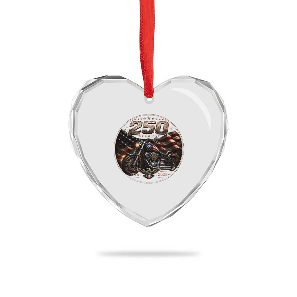 Retro Biker USA 250th Anniversary Heart Crystal Glass Ornament Vintage 250 Years 1776 2026 Patriotic Motorcycle American Flag