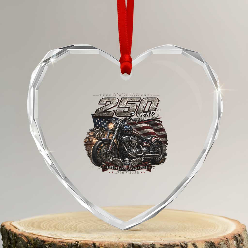 Retro Biker USA 250th Anniversary Heart Crystal Glass Ornament Vintage Motorcycle American Flag Route 66 Highway