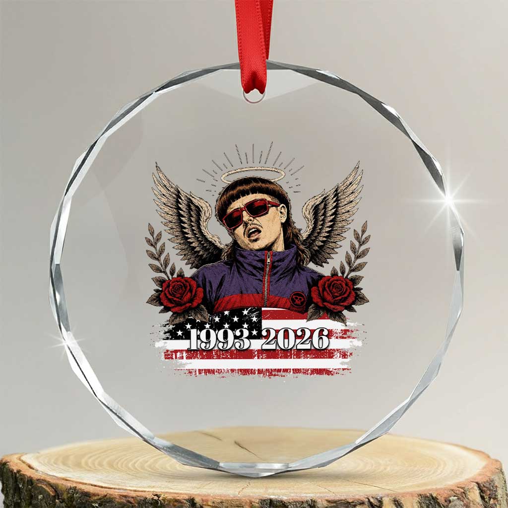 Retro Bowl Cut Music Icon Angel Wings Rest In Peace Crystal Glass Ornament American Flag Memorial 1993 2026 Pop Culture Fan TS02 Transparent Glass 3'' Circle Print Your Wear