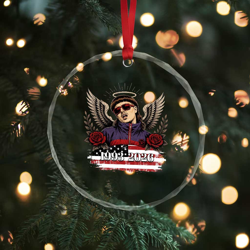 Retro Bowl Cut Music Icon Angel Wings Rest In Peace Crystal Glass Ornament American Flag Memorial 1993 2026 Pop Culture Fan