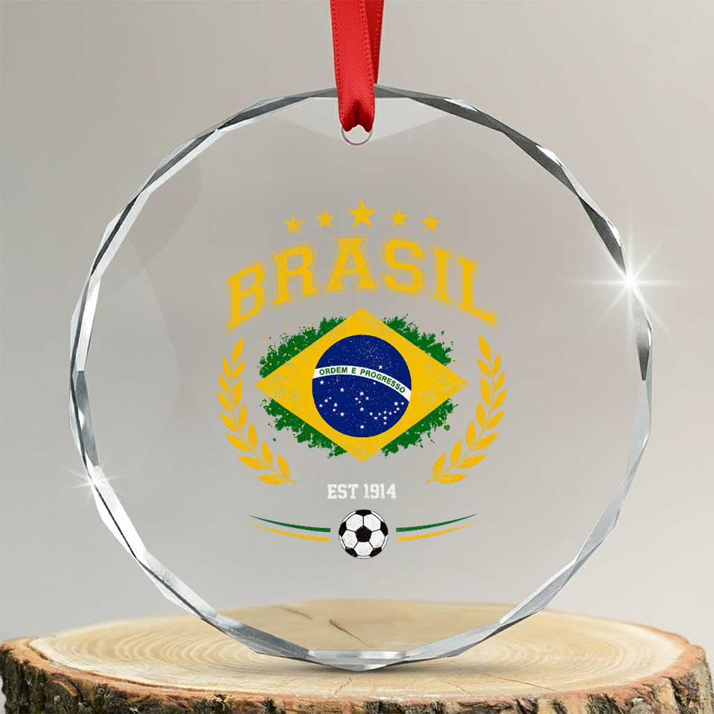 Retro Brasil Soccer Pride Crest Est 1914 Crystal Glass Ornament Vintage Brazil Flag Futbol Lover Football Fans TS02 Transparent Glass 3'' Circle Print Your Wear