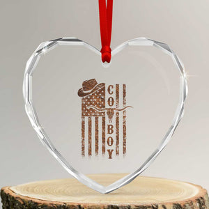 Retro Cowboy Heart Crystal Glass Ornament USA Flag Texas Western Country Rodeo Southern