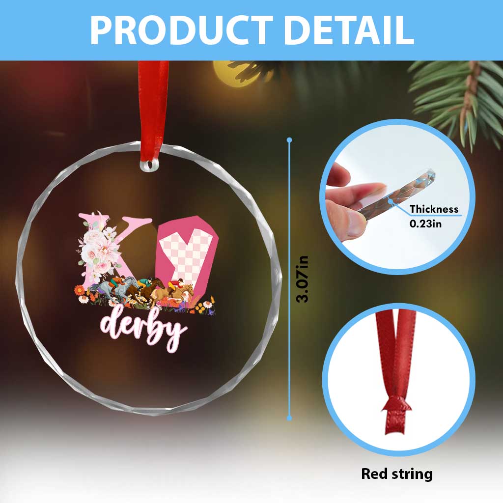 Retro Floral KY Horse Racing Graphic Crystal Glass Ornament Pink Gingham Southern Belle Derby Day Aesthetic TS02 Print Your Wear