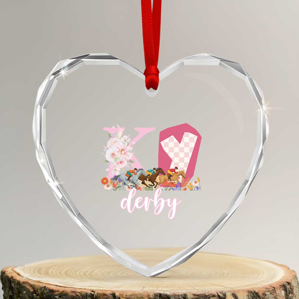 Retro Floral KY Horse Racing Graphic Heart Crystal Glass Ornament Pink Gingham Southern Belle Derby Day Aesthetic TS02 Transparent Glass 3'' Heart Print Your Wear