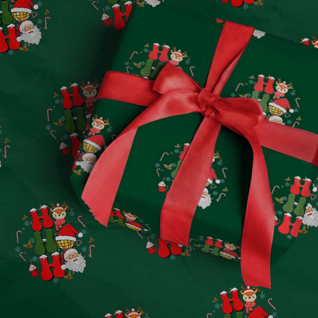 Retro Groovy Christmas Ho Ho Ho Reindeer Disco Ball Santa Xmas Wrapping Paper Roll TS02 Green Print Your Wear