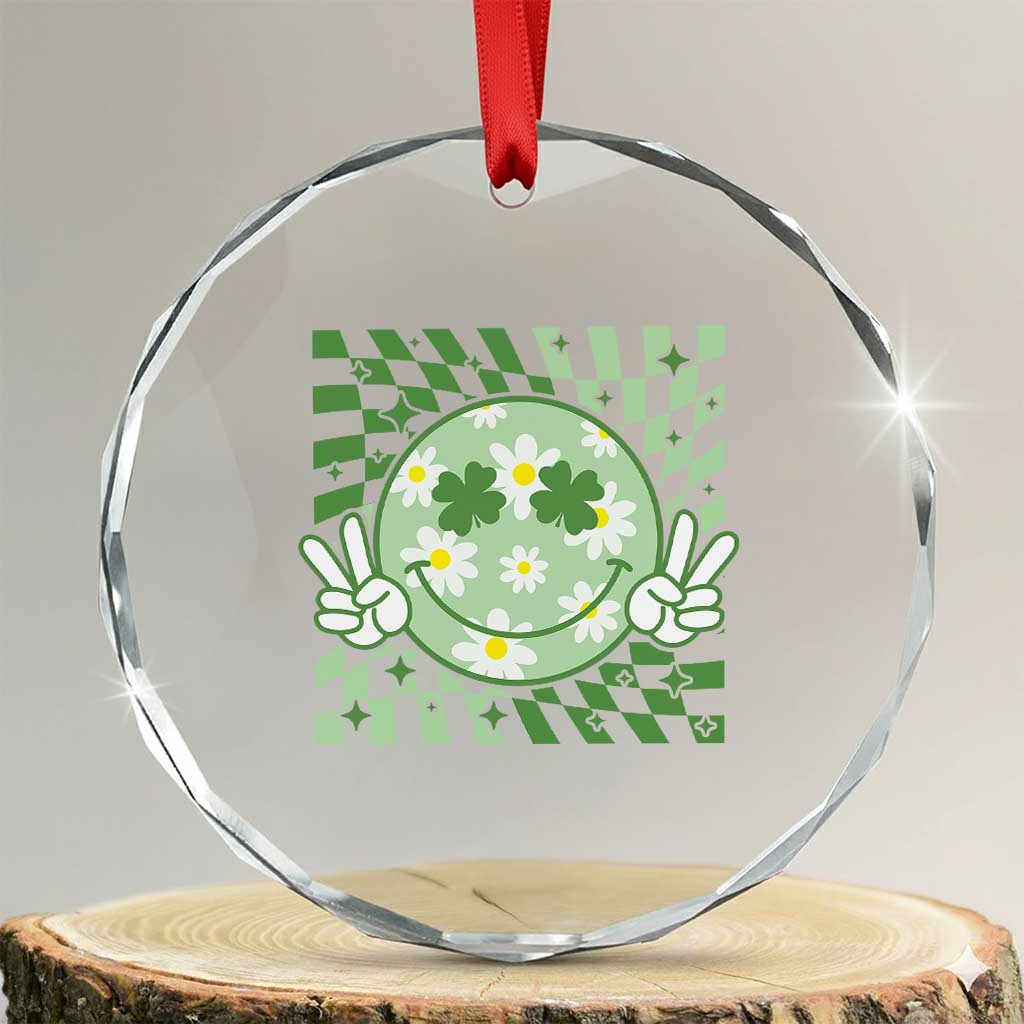 Retro Groovy Shamrock Smile Face St Patricks Day Crystal Glass Ornament TS10 Transparent Glass 3'' Circle Print Your Wear