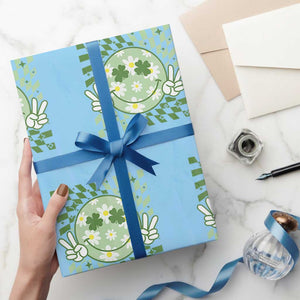 Retro Groovy Shamrock Smile Face St Patricks Day Wrapping Paper Roll TS10 Light Blue Print Your Wear