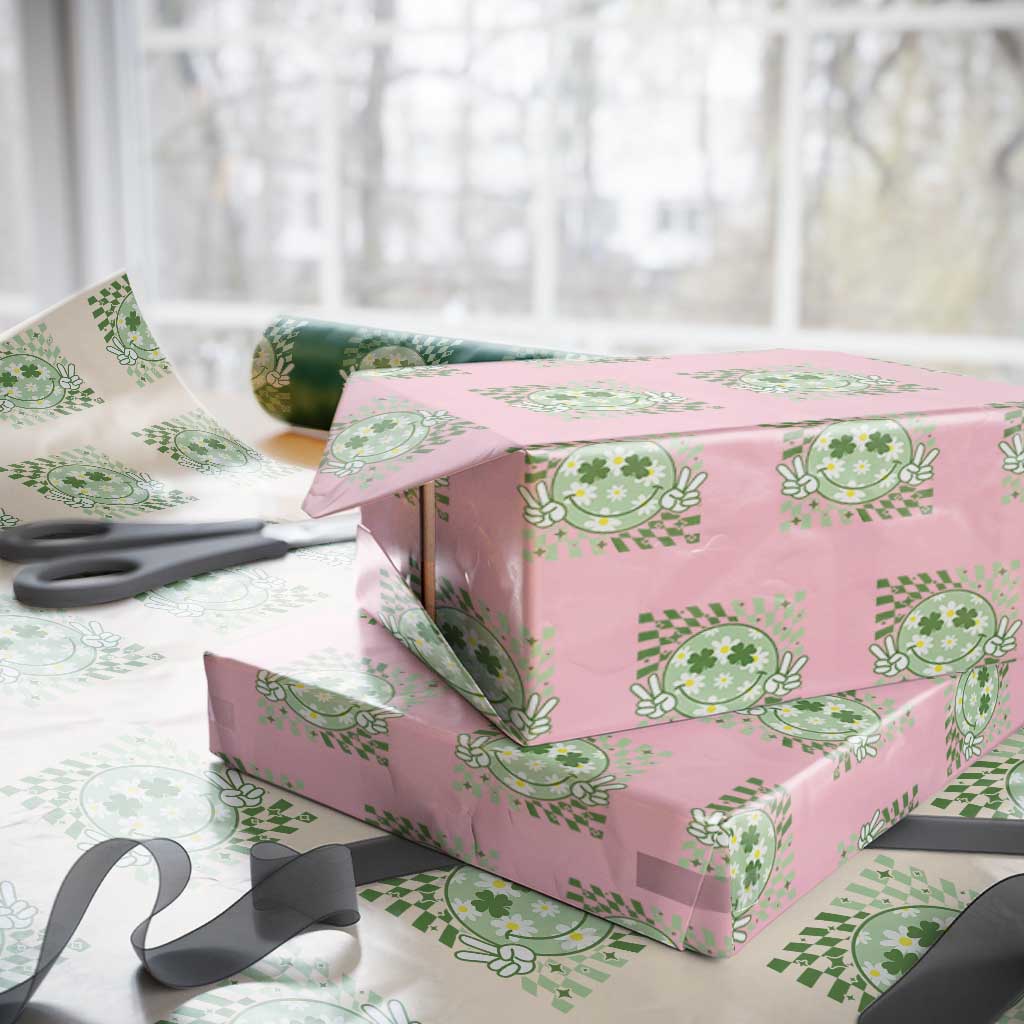 Retro Groovy Shamrock Smile Face St Patricks Day Wrapping Paper Roll TS10 Light Pink Print Your Wear