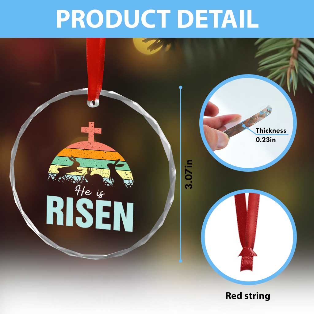 Retro He is Risen Crystal Glass Ornament Bunny Easter Cross Christian Religious Jesus Has Risen TS10 Print Your Wear