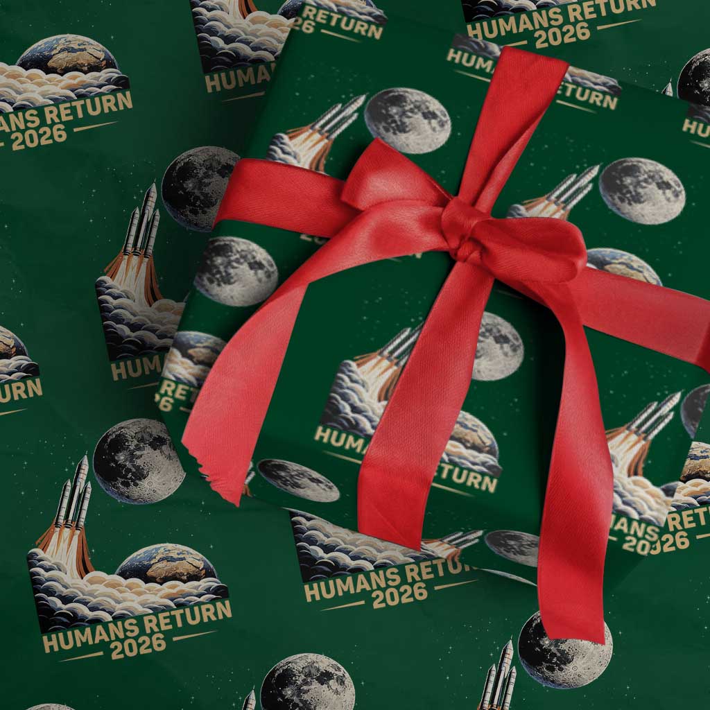 Retro Humans Return 2026 Lunar Mission Wrapping Paper Roll Vintage Style Rocket Launch n Moon Graphic TS02 Green Print Your Wear