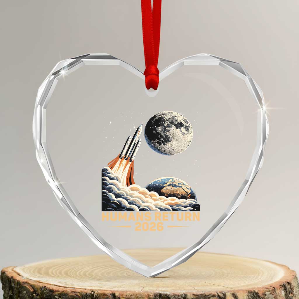 Retro Humans Return 2026 Lunar Mission Heart Crystal Glass Ornament Vintage Style Rocket Launch n Moon Graphic TS02 Transparent Glass 3'' Heart Print Your Wear