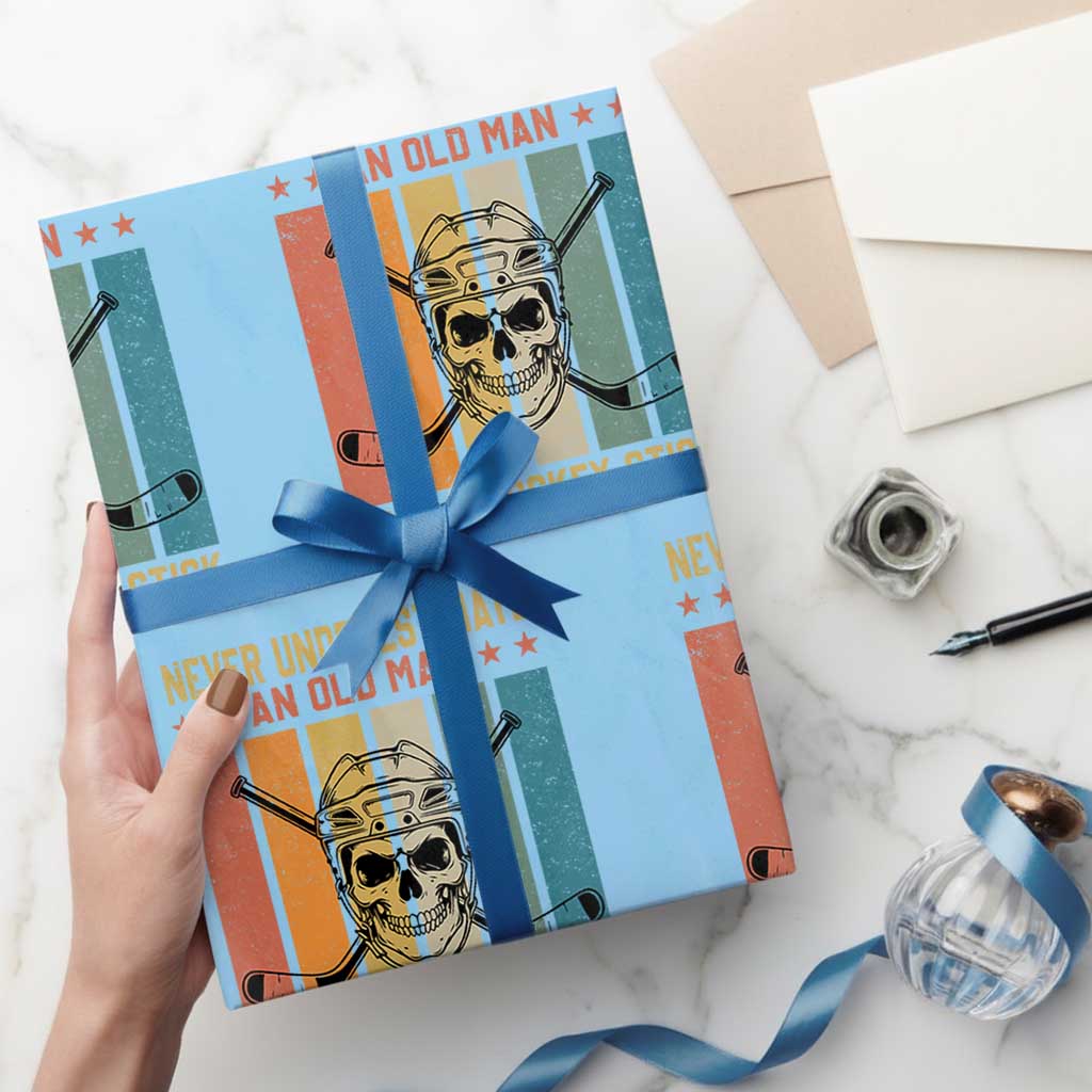 Retro Ice Hockey Player Wrapping Paper Roll Funny Never Underestimate An Old Man TS12 Light Blue Print Your Wear