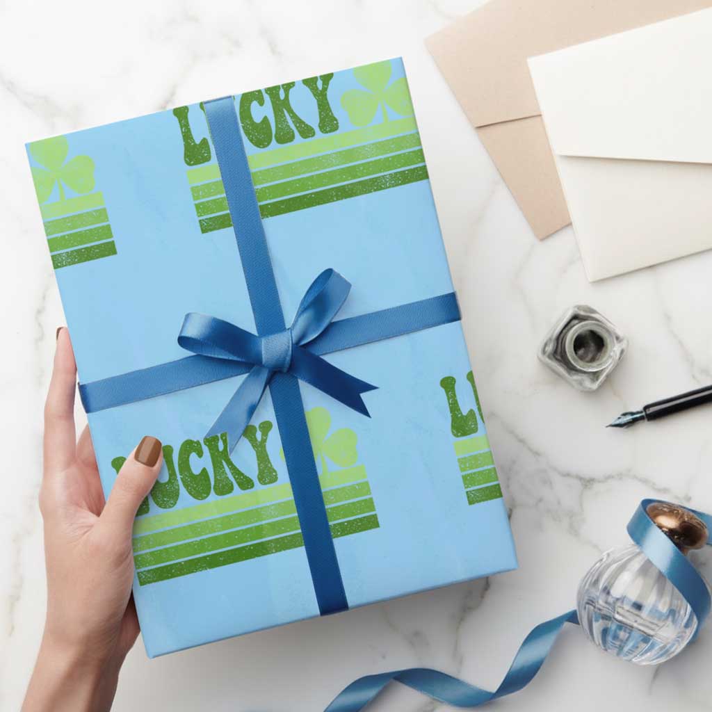 Retro Lucky Wrapping Paper Roll St Patricks Day Irish Shamrock TS10 Light Blue Print Your Wear