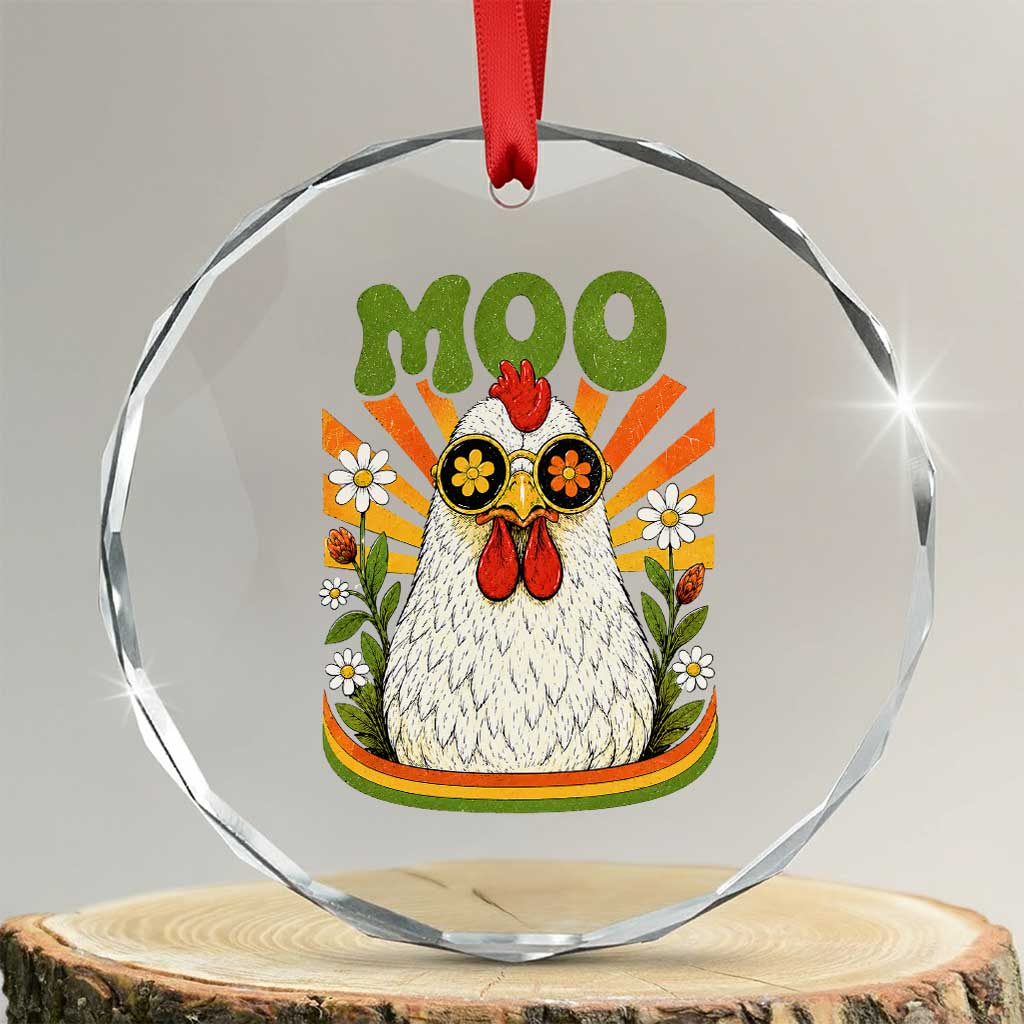 Retro Moo Chicken Wearing Sunglasses Graphic Crystal Glass Ornament Funny Groovy Farm Animal Pun Vintage Sunburst TS02 Transparent Glass 3'' Circle Print Your Wear