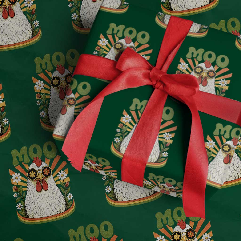 Retro Moo Chicken Wearing Sunglasses Graphic Wrapping Paper Roll Funny Groovy Farm Animal Pun Vintage Sunburst