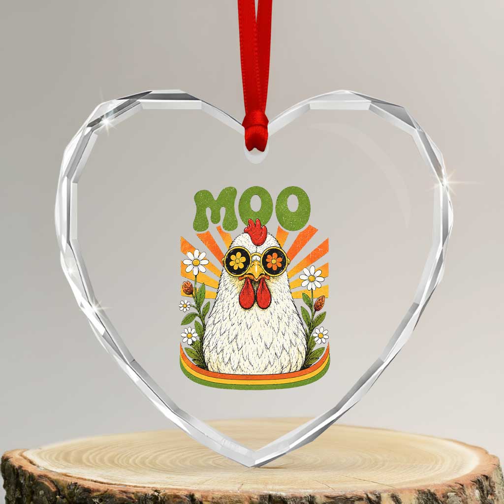Retro Moo Chicken Wearing Sunglasses Graphic Heart Crystal Glass Ornament Funny Groovy Farm Animal Pun Vintage Sunburst TS02 Transparent Glass 3'' Heart Print Your Wear