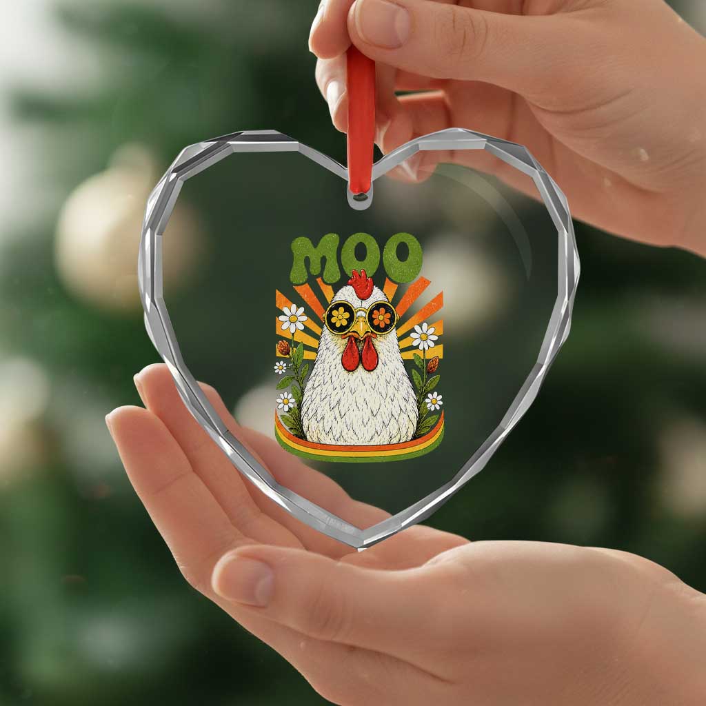 Retro Moo Chicken Wearing Sunglasses Graphic Heart Crystal Glass Ornament Funny Groovy Farm Animal Pun Vintage Sunburst