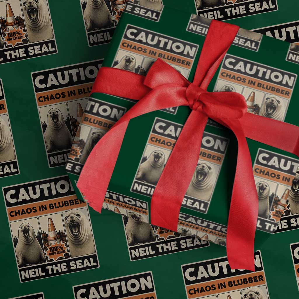 Retro Neil the Seal Caution Chaos in Blubber Wrapping Paper Roll Funny Viral Chaotic Elephant Seal Traffic Cone Meme TS02 Green Print Your Wear