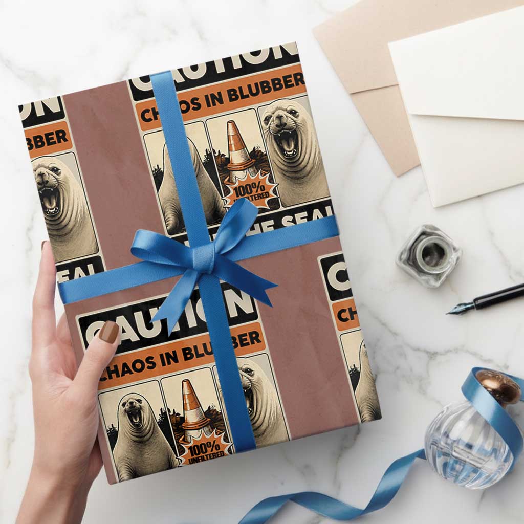 Retro Neil the Seal Caution Chaos in Blubber Wrapping Paper Roll Funny Viral Chaotic Elephant Seal Traffic Cone Meme TS02 Mocha Print Your Wear