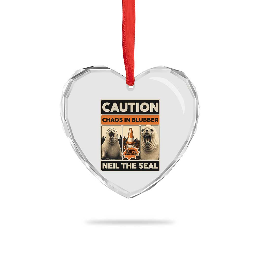 Retro Neil the Seal Caution Chaos in Blubber Heart Crystal Glass Ornament Funny Viral Chaotic Elephant Seal Traffic Cone Meme TS02 Print Your Wear